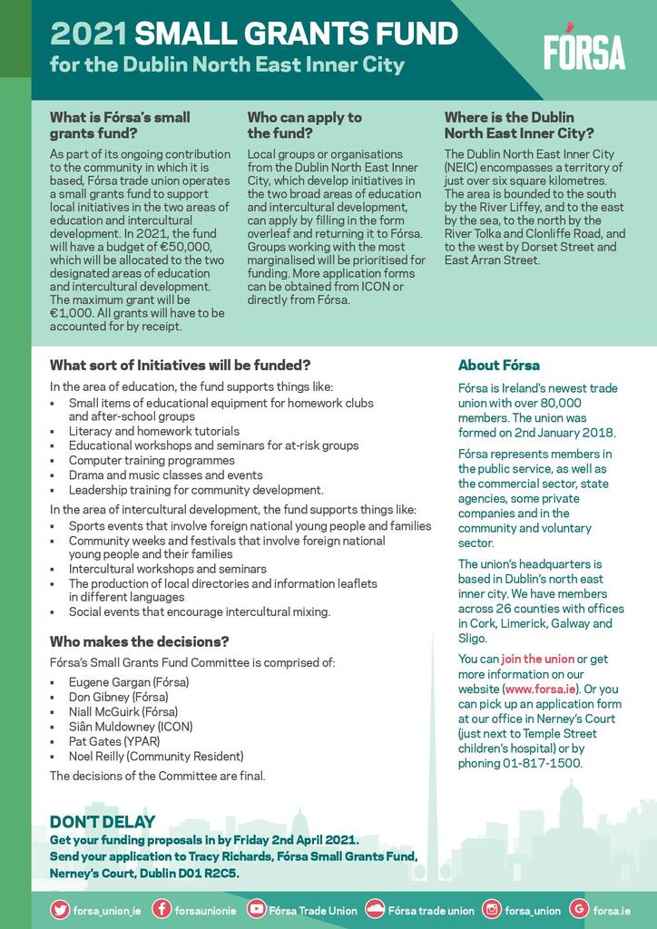 FORSA Small Grants Fund 2021 Now Open Inner City Organisations